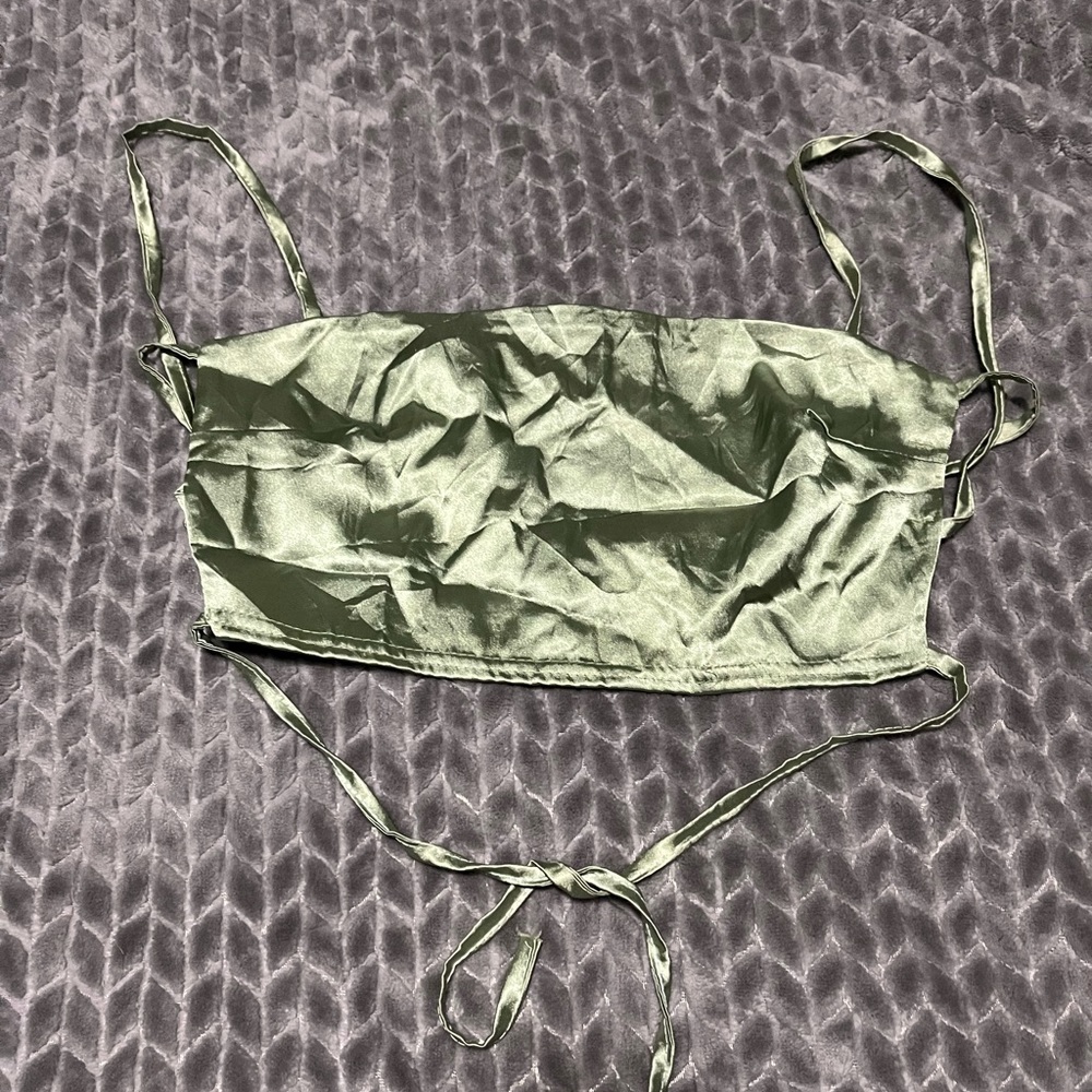 Nasty Gal crop top, satin green tie top.